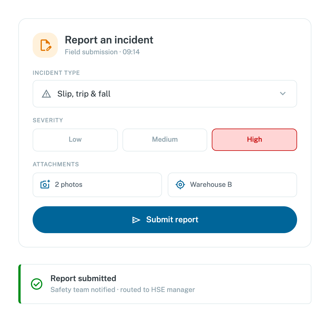 WorkAware Incident Reporting field submission preview
