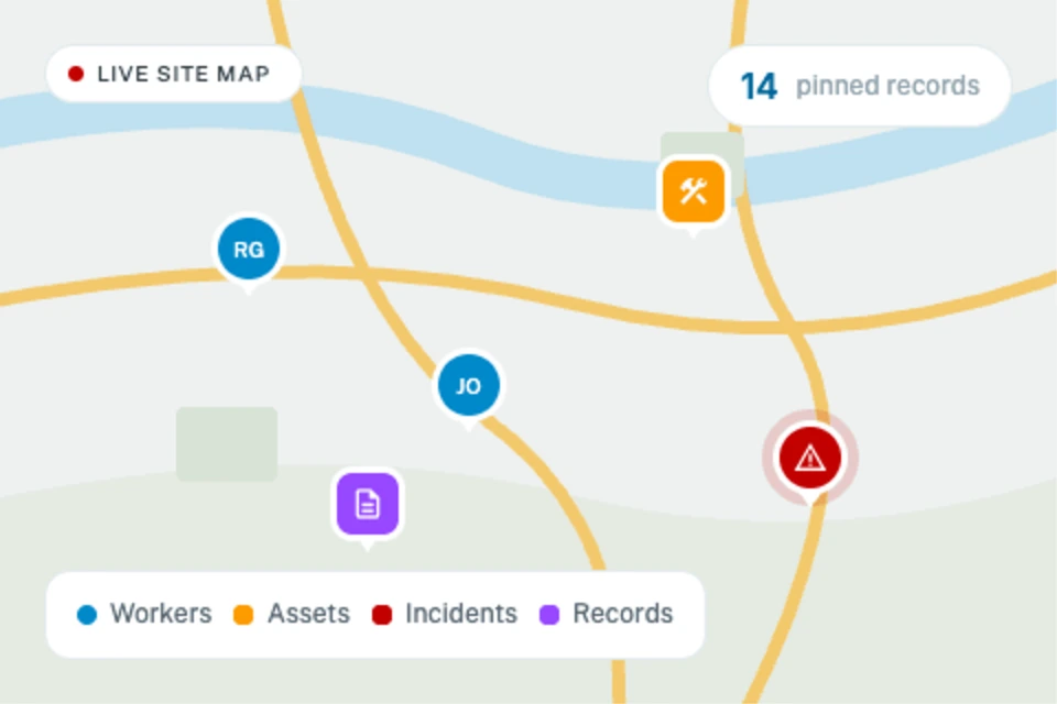 Live site map tracking workers and journeys
